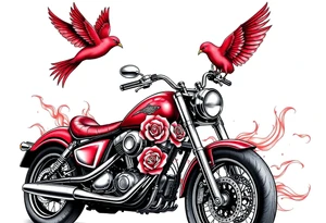 Motorcycle, two red birds flying, roses and lace, flames tattoo idea