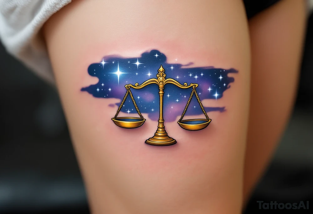 The Libra stars constellation in white ink glows across a midnight-blue background, hovering above golden weighing scales. tattoo idea