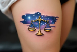 The Libra stars constellation in white ink glows across a midnight-blue background, hovering above golden weighing scales. tattoo idea