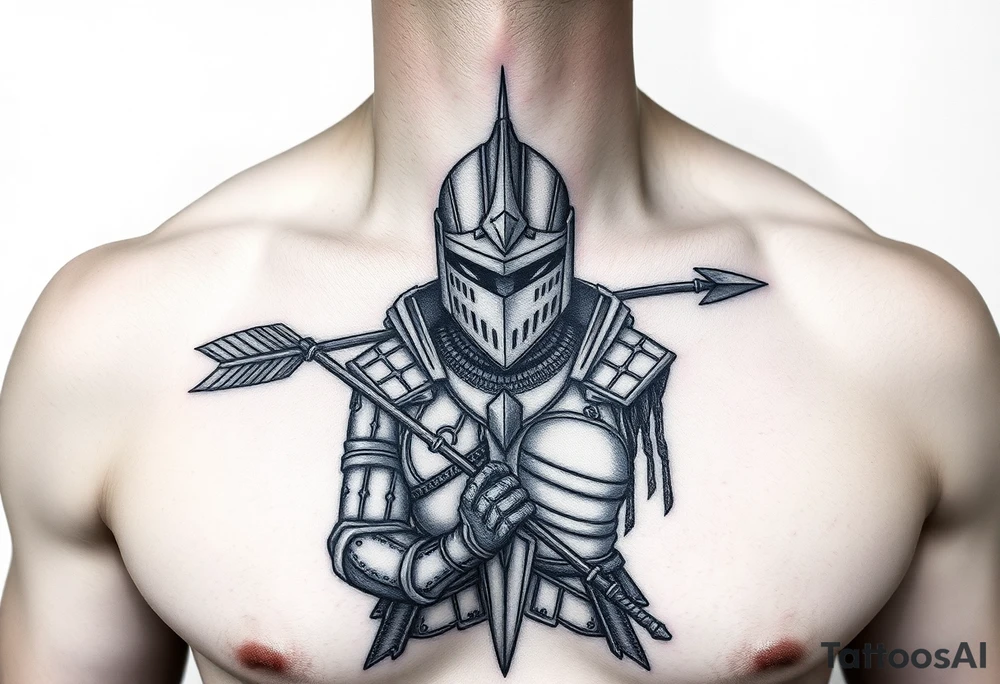 chest japan theme knight with arrow tattoo idea