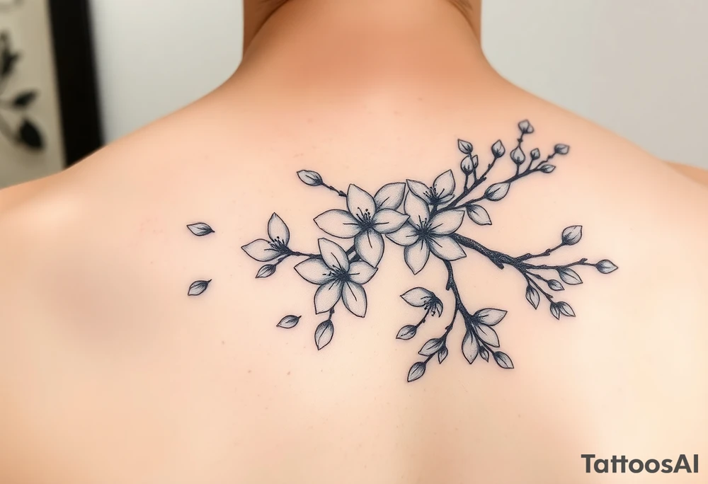 delicate cherry blossoms swirling in spring breeze with petals tattoo idea