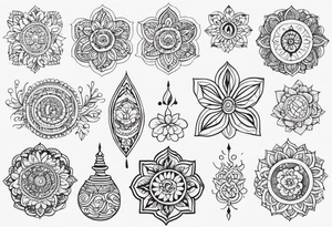 Hand poke tattoo, Sanskrit words and ornaments, long form tattoo idea