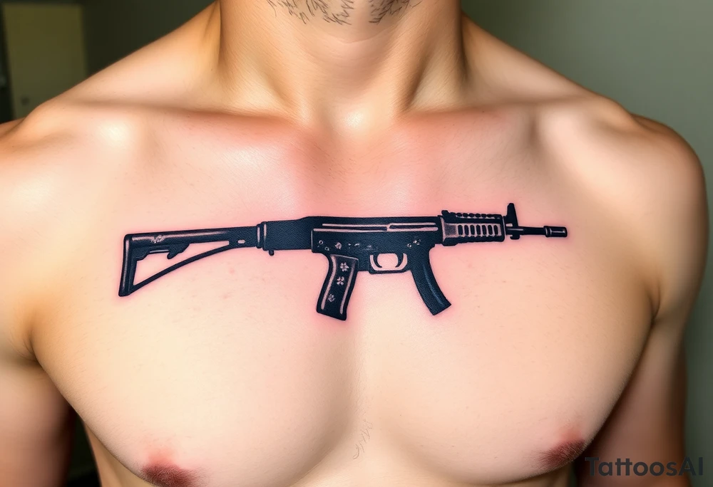 ak 47 black silhouette with floreal details tattoo idea