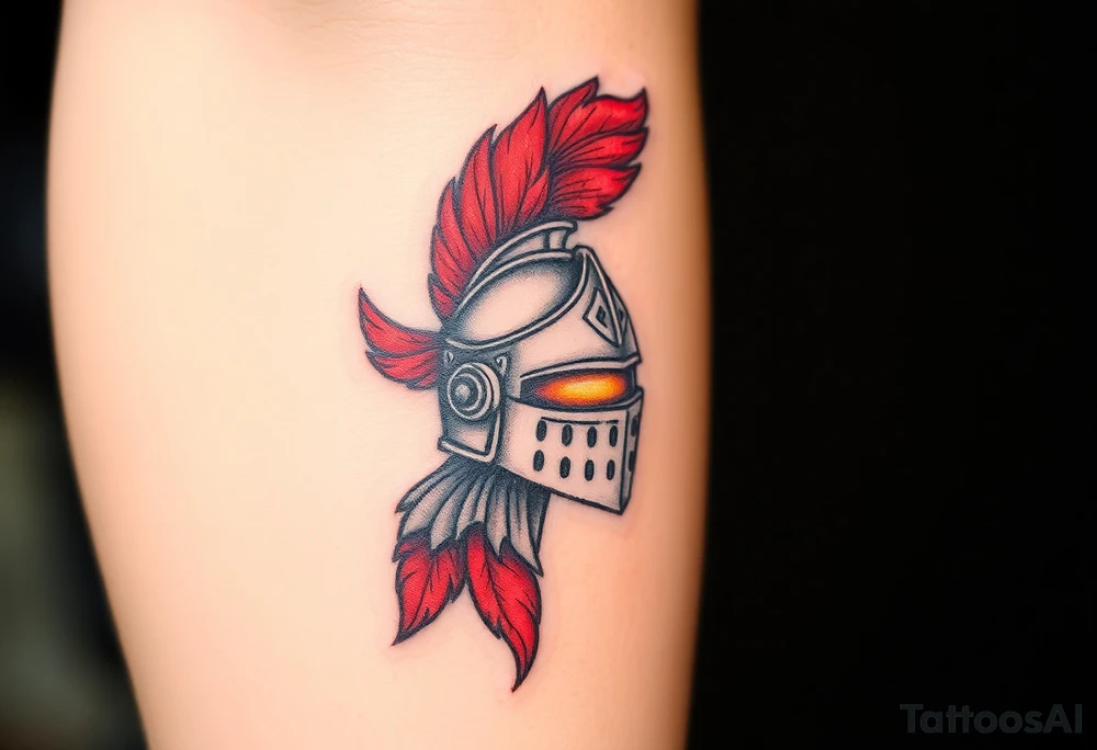 A knight’s helmet with a plume of red feathers, with intricate detailing and a mystical aura glowing from the visor tattoo idea