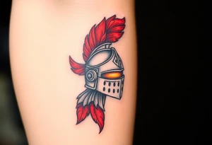 A knight’s helmet with a plume of red feathers, with intricate detailing and a mystical aura glowing from the visor tattoo idea