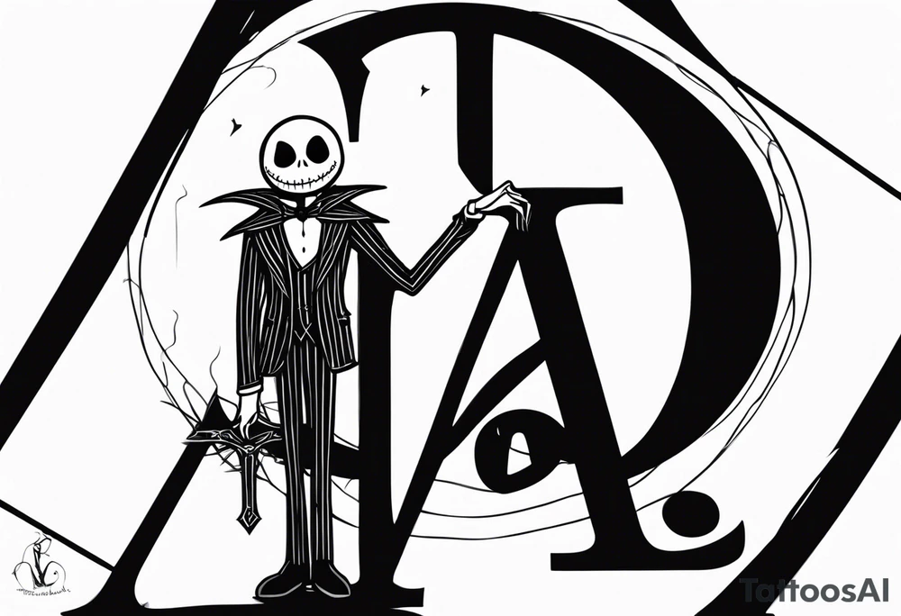 Jack Skellington with letter "A" and date 07/06/2023 tattoo idea