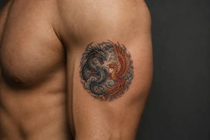 Japanese dragon and phoenix battling amidst dark storm clouds. tattoo idea