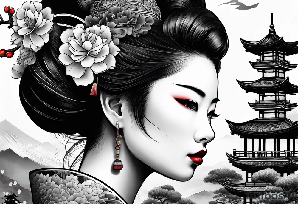 Geisha girl overlooking village of slain people tattoo idea