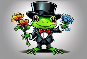 Cute Frog standing on back legs  in a top hat and a formal suit holding flowers to go on a date tattoo idea