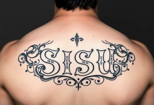 the word 'SISU' using chicano lettering style and filigree designs surrounding the word tattoo idea