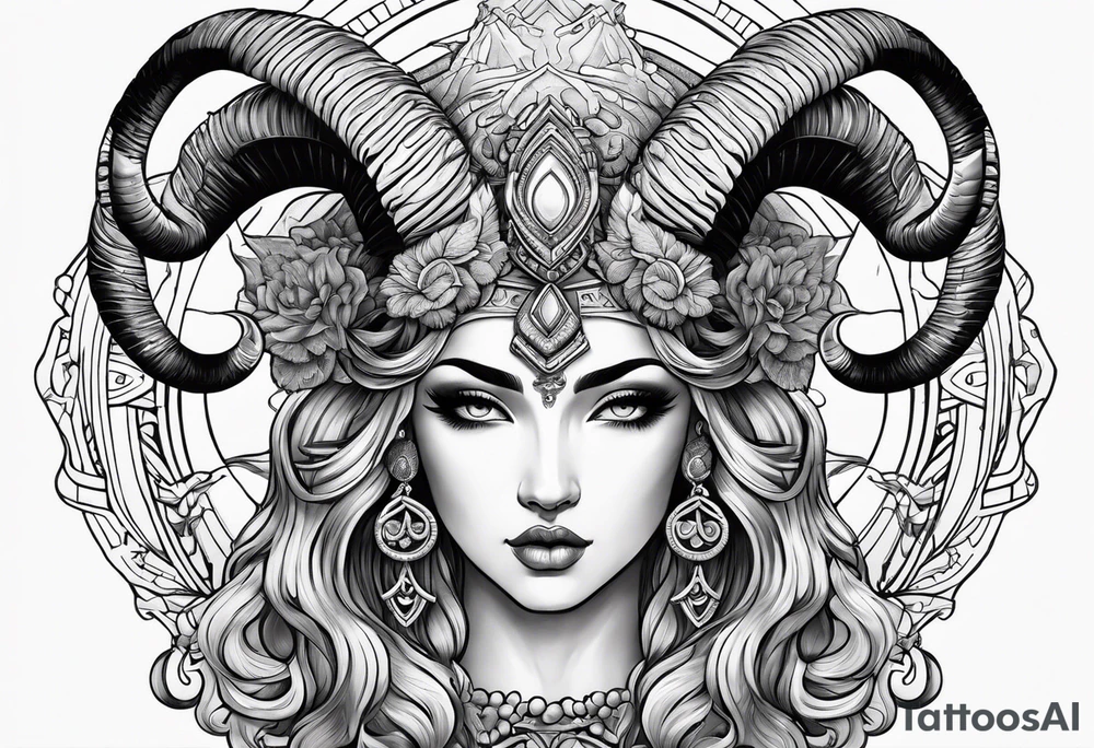 Aries goddess with ram horns tattoo idea