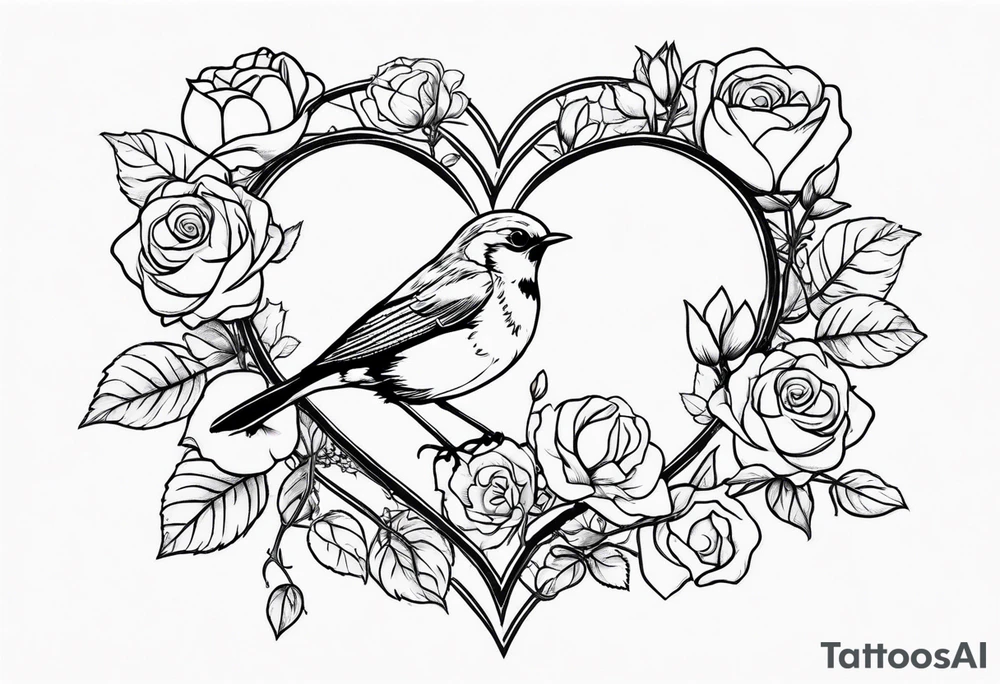 A real heart with a Robin inside surrounded by roses, likely of the valley and cosmos flowers tattoo idea