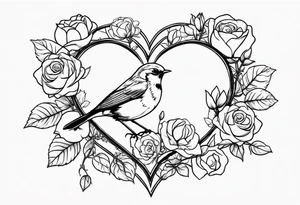 A real heart with a Robin inside surrounded by roses, likely of the valley and cosmos flowers tattoo idea