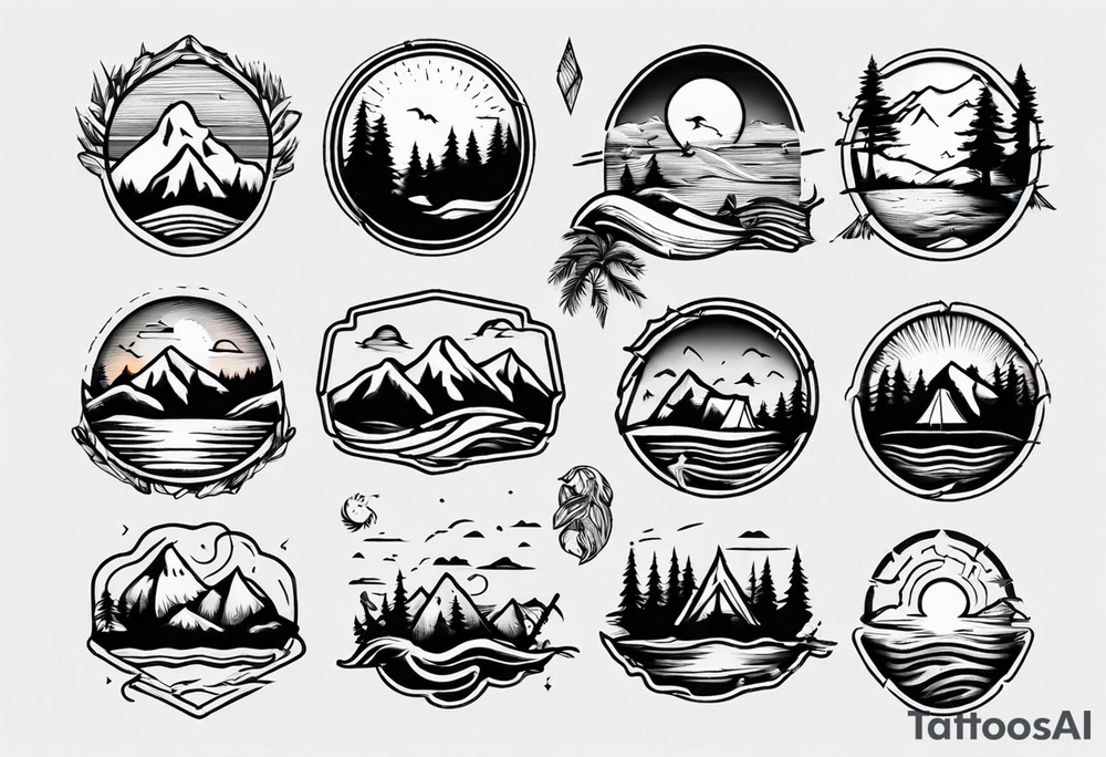 mountains, beach, waves, sunset, camping, trees tattoo idea mountains, beach, waves, sunset, camping, trees tattoo idea