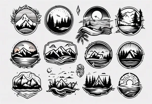 mountains, beach, waves, sunset, camping, trees tattoo idea