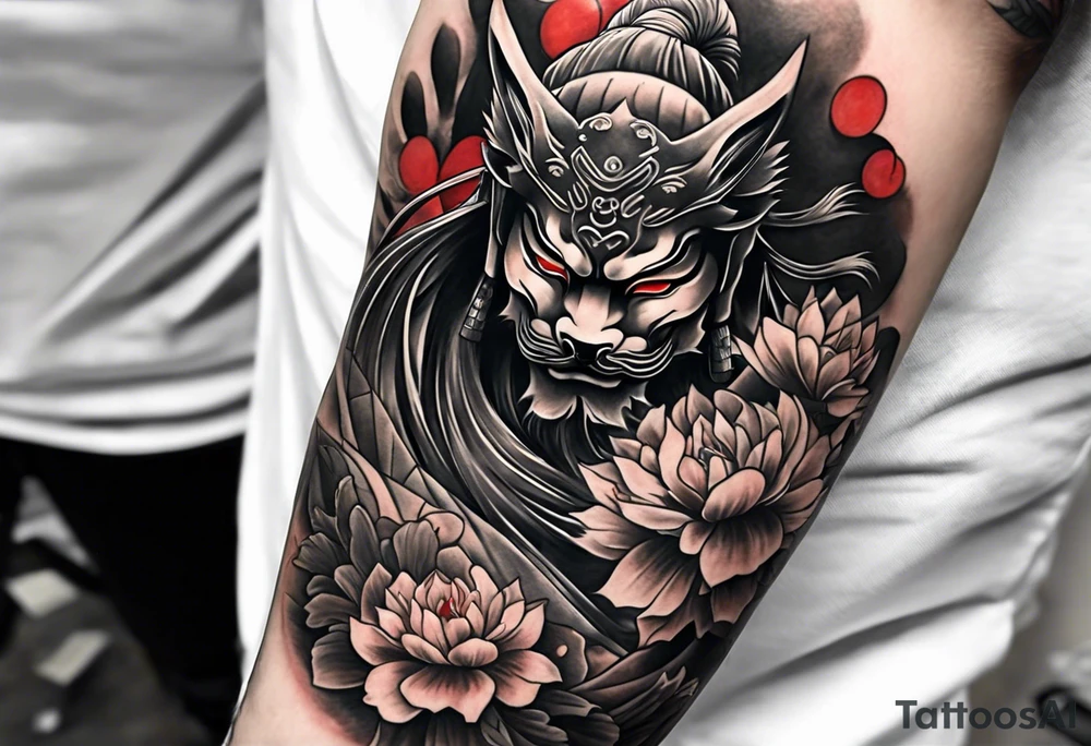 Samurai full sleeve with kitsune mask tattoo idea