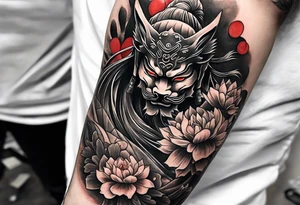Samurai full sleeve with kitsune mask tattoo idea
