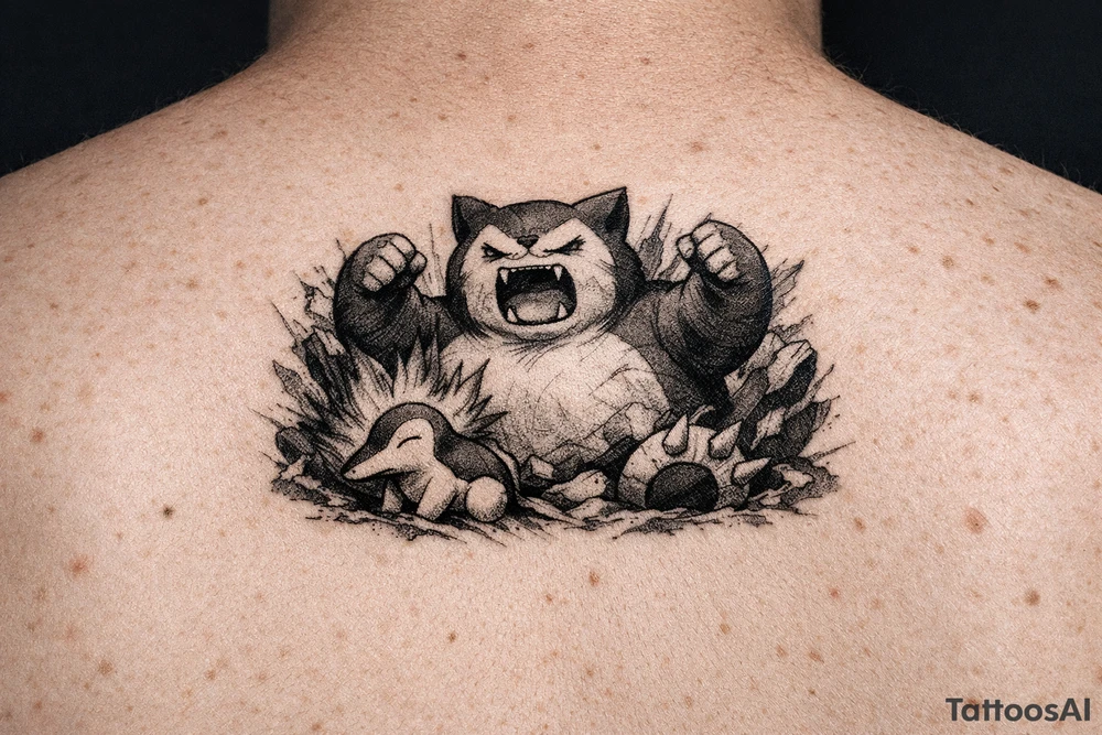 Powerful Snorlax waking up with Cydaquill by his side tattoo idea