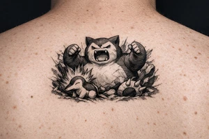 Powerful Snorlax waking up with Cydaquill by his side tattoo idea