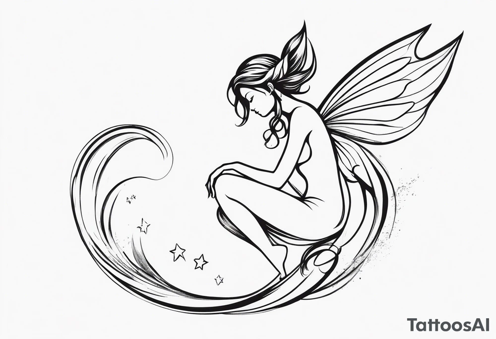 Minimalistic, monochromatic fairy with a tail flying to the left in a fetal position, leaning and looking in the same direction, with visible hands, embodying the 'Fairy Tail' logo aesthetic. tattoo idea