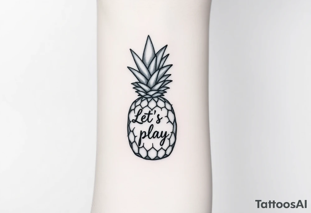A black ink wrist tattoo featuring a realistic yet minimalistic pineapple. The pineapple is finely detailed with clean, precise lines, capturing the natural texture of the fruit while keeping the design subtle and uncluttered. Inside the body of the pineapple, the phrase "Let's play" is clearly placed in a bold but not overly thick font, ensuring readability while maintaining balance with the overall design. The leaves of the pineapple have a fine-line style with slight variations in thickness for a natural feel. The tattoo blends fine details with subtle bold elements, creating a clean and modern aesthetic. tattoo idea