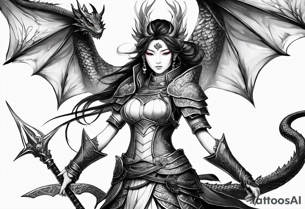 beautiful warrior woman wearing dragon armor and a dragon flying tattoo idea