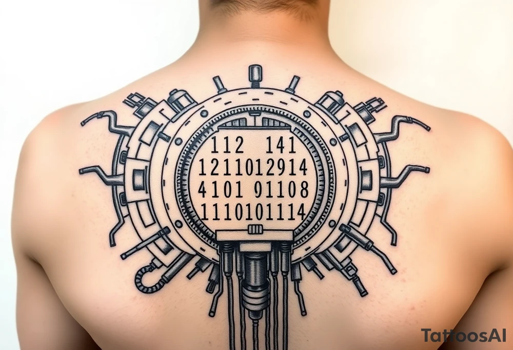 Bio-Mechanical internal computer, binary code, symbolism for 6 kids, 5 boys and youngest is a girl tattoo idea