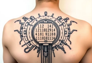 Bio-Mechanical internal computer, binary code, symbolism for 6 kids, 5 boys and youngest is a girl tattoo idea