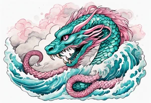 a gentle turquoise and pink Falkor serpent hybrid emerging from the stormy sea tattoo idea