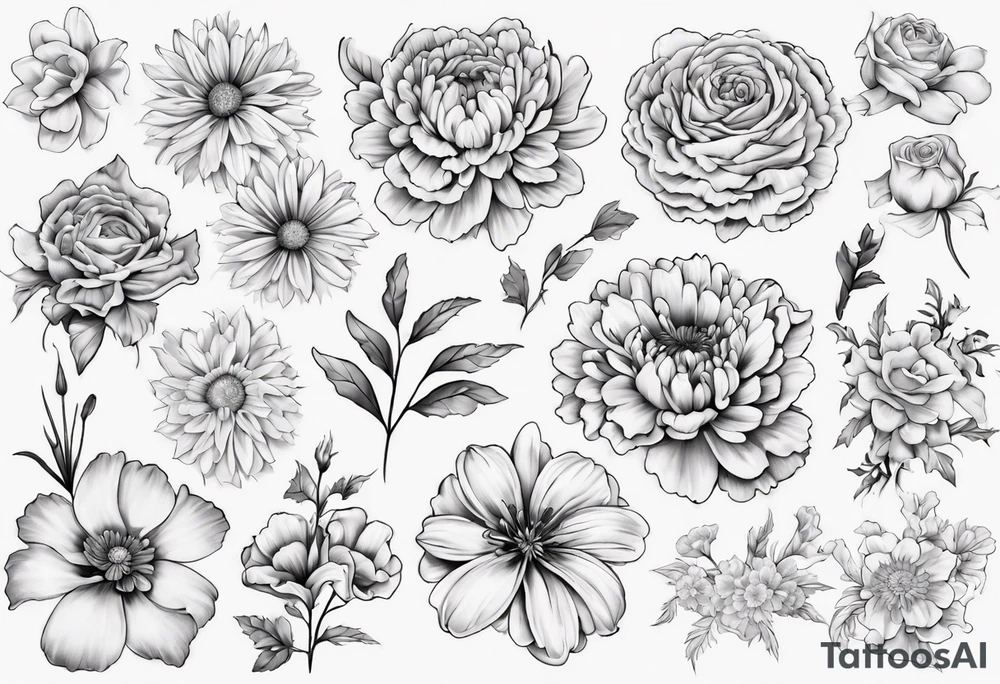 a sleeve tattoo of Marigold flowers, Cosmos flowers, Chrysanthemum flowers, Narcissus flowers, Holly flowers, roses and honeysuckles. tattoo idea