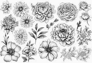 a sleeve tattoo of Marigold flowers, Cosmos flowers, Chrysanthemum flowers, Narcissus flowers, Holly flowers, roses and honeysuckles. tattoo idea