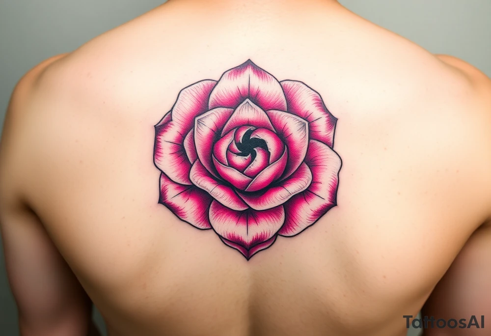 The pink rose blooms in a mesmerizing display of symmetry, its delicate petals unfolding in a kaleidoscope of repeating patterns, where soft blush and vibrant magenta hues seamlessly blend, creating an intricate, fractal-like illusion that shifts and transforms with every glance tattoo idea