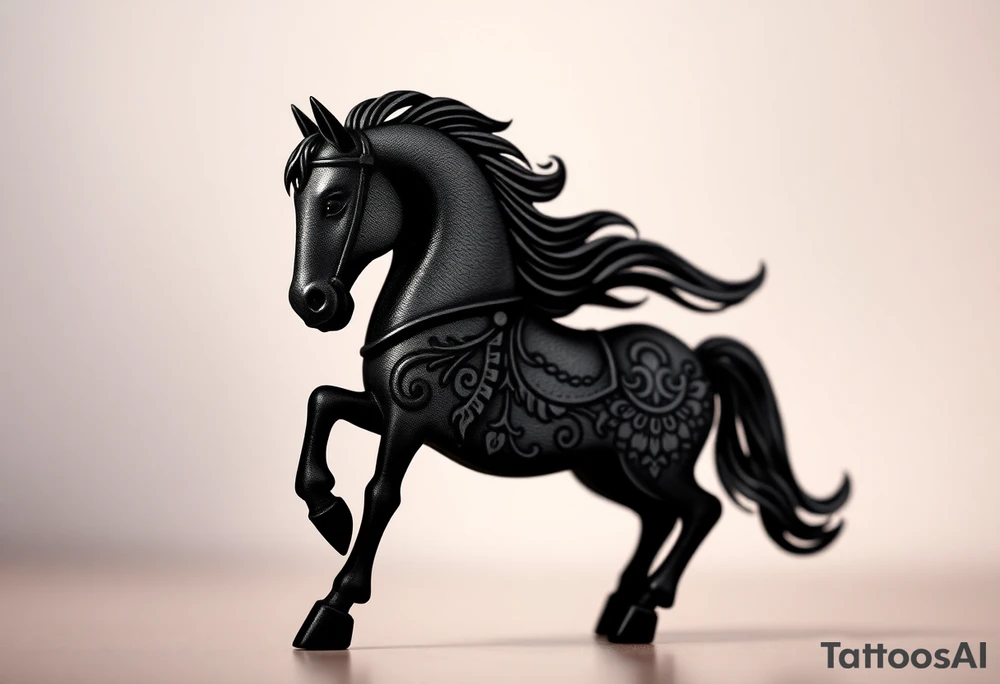 a knight of chess piece. The knight piece is depicted in motion, slightly tilted forward as if it's charging or coming out of the shadows. The knight’s face is detailed but with a focus on the horse's strong features: its mane flowing in the wind, and the body etched with intricate details to represent strength and agility. The knight is emerging from a shadow, with the front part of the body illuminated in soft, warm light. The shadowed portions near the back and tail create a mystical aura. tattoo idea