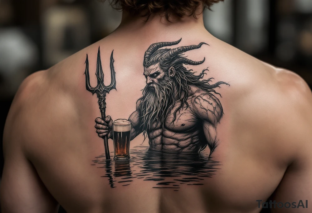 poseidon, with a trident, in calm water, holding a beer tattoo idea