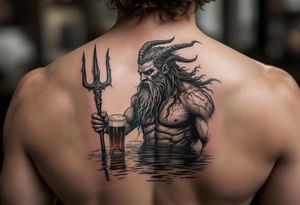 poseidon, with a trident, in calm water, holding a beer tattoo idea
