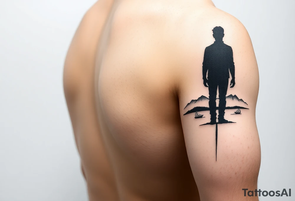 I want a minimalist design that will go on my right bicep, of a man's silhouette of a man on a shoreline, with a tree to his left, looking out at mountains in the distance, and a sailboat in the foreground.  but I want this around the arm, elbow and bicep area.  more of a wrap around on the arm please.   bottom left is okay, but less focus on the man's silhouette tattoo idea