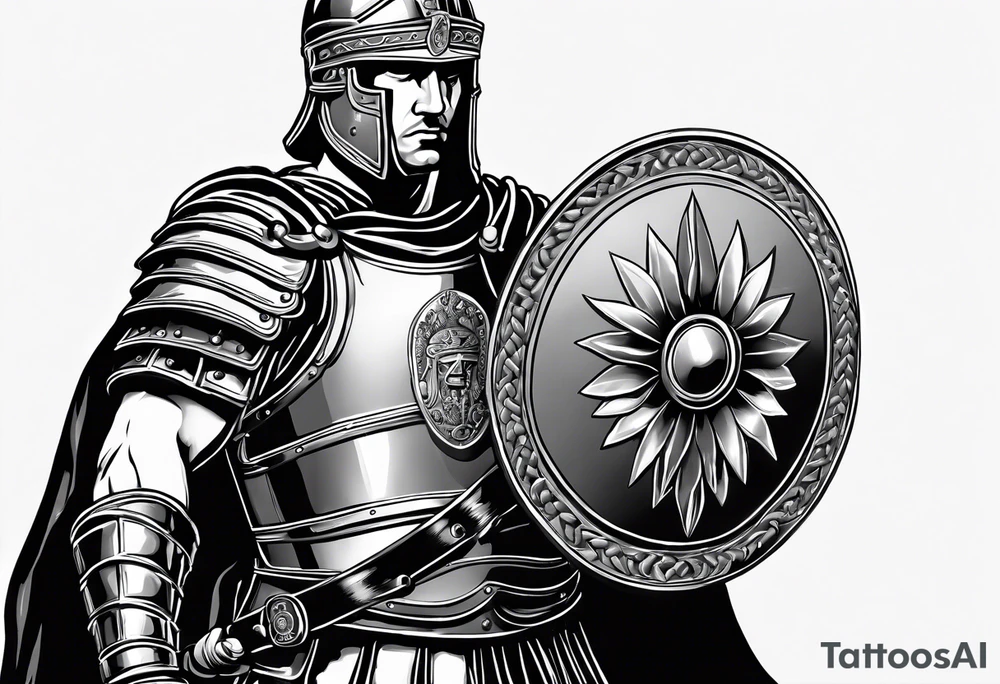 a black and white illustration of a roman soldier from AD 60, wearing armor which must include an armoured belt, breastplate, armoured shoes, shield, helmet and sword.
the soldier must look strong. the soldier is faceless. The image must include the full person, not just the top half tattoo idea