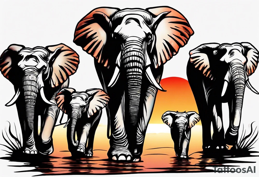 family of 6 elephants walking into sunset tattoo idea