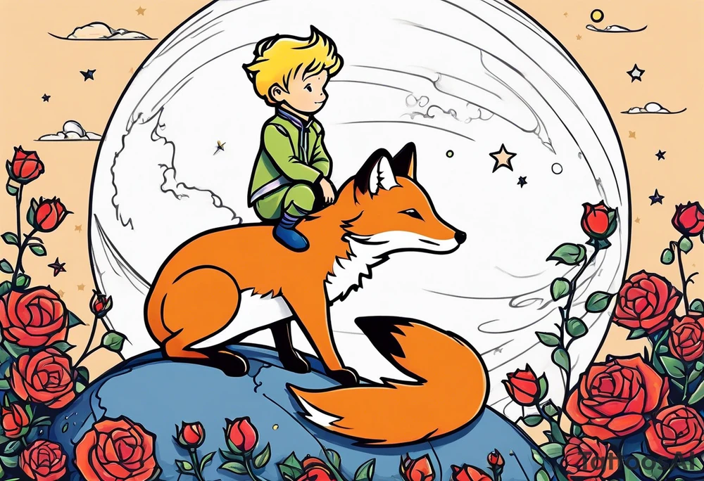 The Little prince sitting on his planet toghether with the fox on his planet besides his rose. Both are watching into the sky tattoo idea