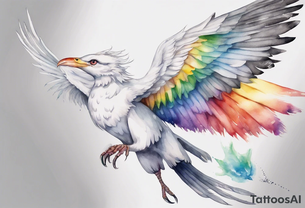 a watercolor of a white bird-serpent hybrid wearing a grey crown, with rainbow wing feathers, flying in the sky tattoo idea