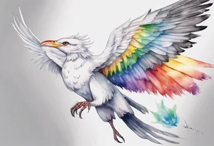 a watercolor of a white bird-serpent hybrid wearing a grey crown, with rainbow wing feathers, flying in the sky tattoo idea