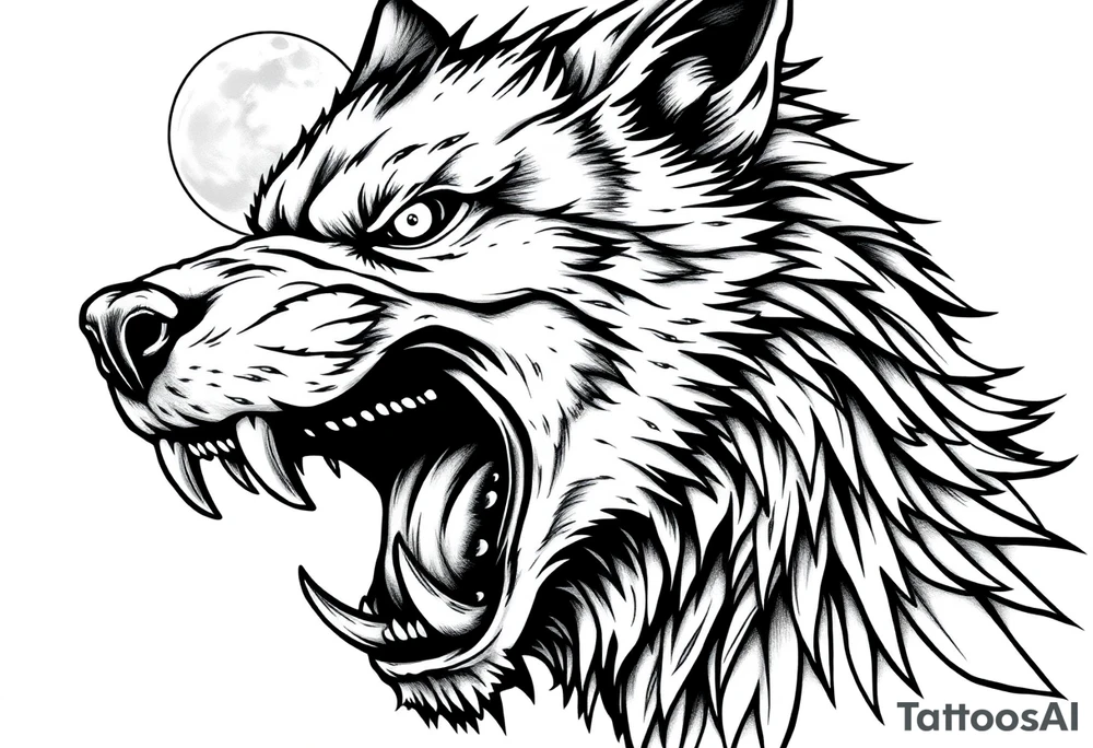 Close-up portrait of a snarling werewolf, sharp teeth bared, glowing eyes,moon tattoo idea
