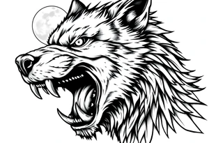 Close-up portrait of a snarling werewolf, sharp teeth bared, glowing eyes,moon tattoo idea
