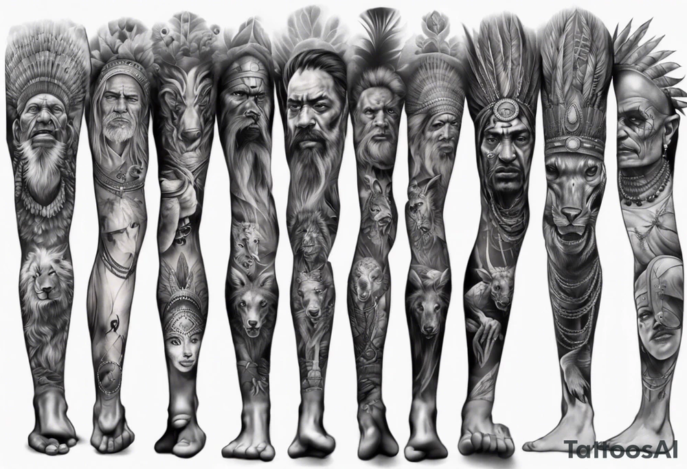 indian realistic leg sleeve with humans and maybe some animals evil looking tattoo idea