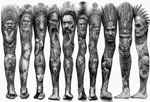 indian realistic leg sleeve with humans and maybe some animals evil looking tattoo idea