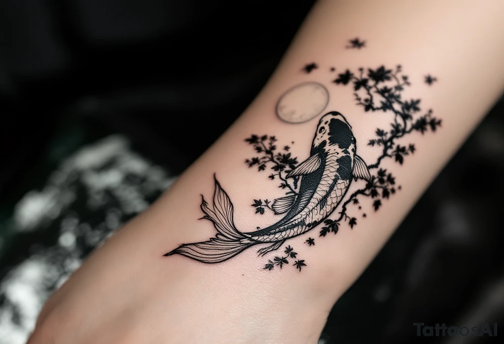 vertical piece
a koi fish swimming UP the stream in a pond moonlight by the full moon with a sakura tree by the pond tattoo idea