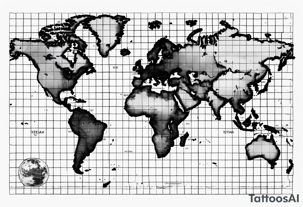 a flat map of the earth on a small fading grid tattoo idea