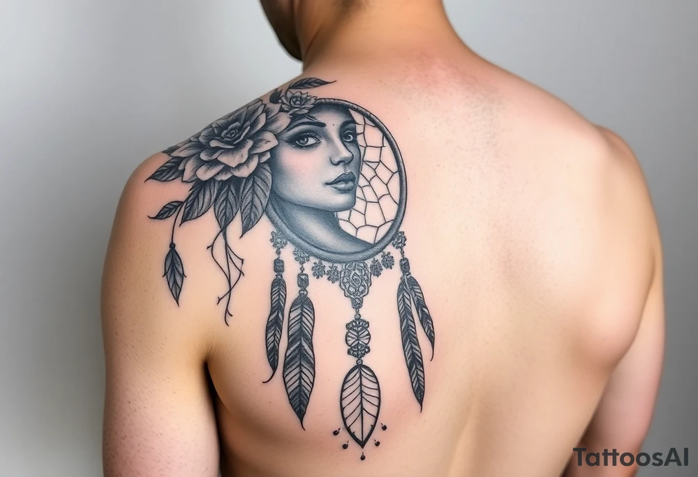 Half sleeve on arm. I already have a girl with flower crown in my shoulder and upper outer arm. Add a dream catcher and Catrina face. Use black and red ink. tattoo idea