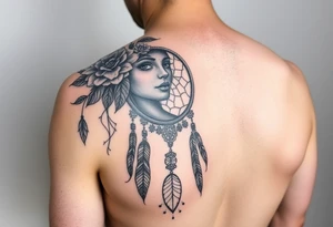 Half sleeve on arm. I already have a girl with flower crown in my shoulder and upper outer arm. Add a dream catcher and Catrina face. Use black and red ink. tattoo idea