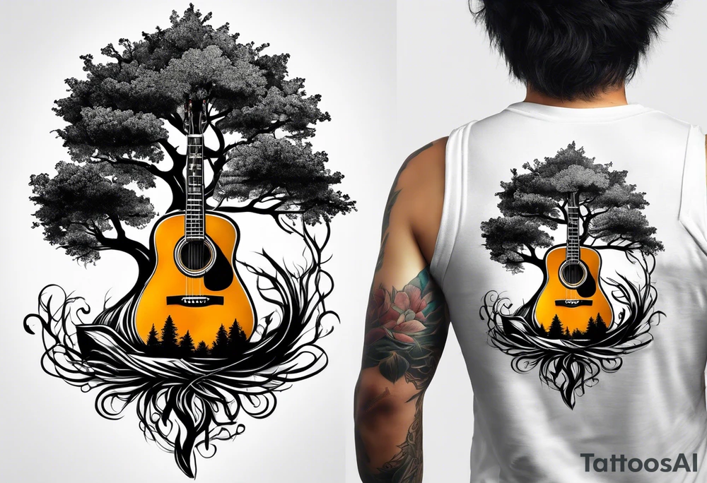 tree with guitar neck as trunk and roots are an anchor tattoo idea